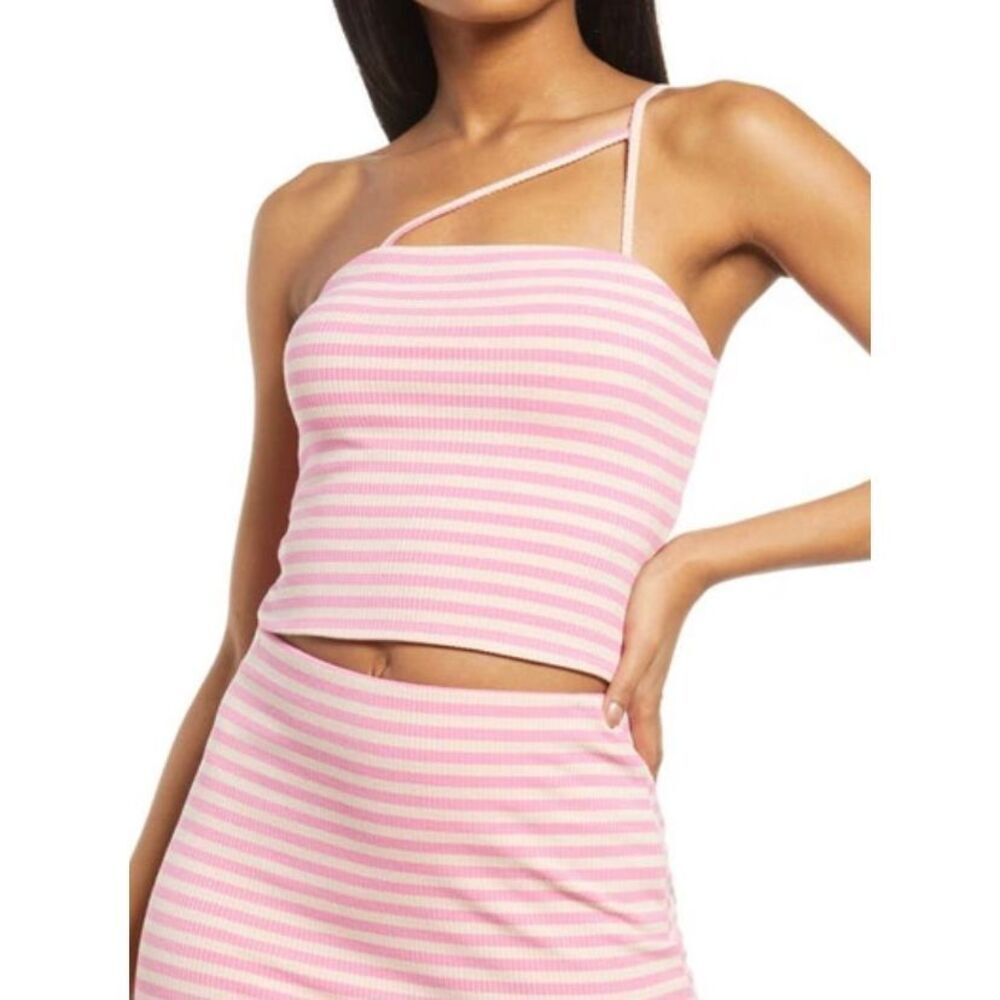 AFRM Women's One Shoulder Spaghetti Stripe Rib Saddle Top Pink/White Size‎ M NWT